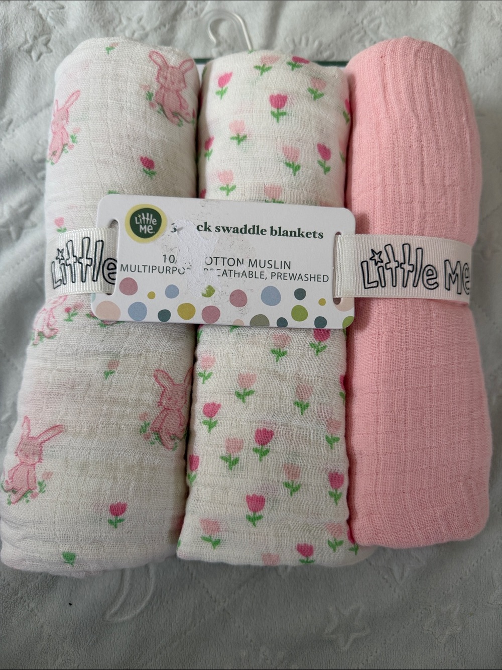 Little Me Pink Floral & Bunny Muslin Swaddle Trio